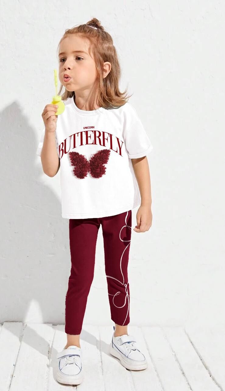 Kız Çocuk 3D Kelebek Detaylı Tshirt Ve Tayt Alt Üst Takımı