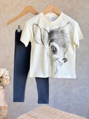 Disney Bambi Desenli Pamuklu Sırt Yazı Detaylı Kız Çocuk T-shirt ve Tayt Takım