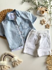 Denim Gömlek Denim Şort Alt Üst Takım