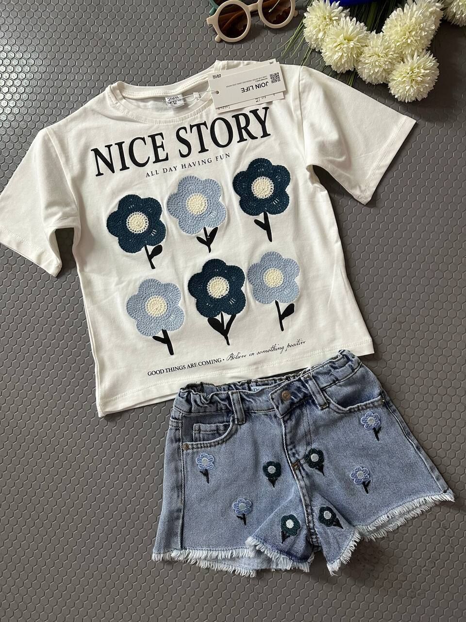 Kız Çocuk Çiçek Dokumalı Tshirt Ve Kot Şort Takımı