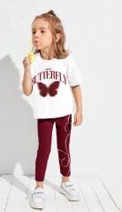 Kız Çocuk 3D Kelebek Detaylı Tshirt Ve Tayt Alt Üst Takımı