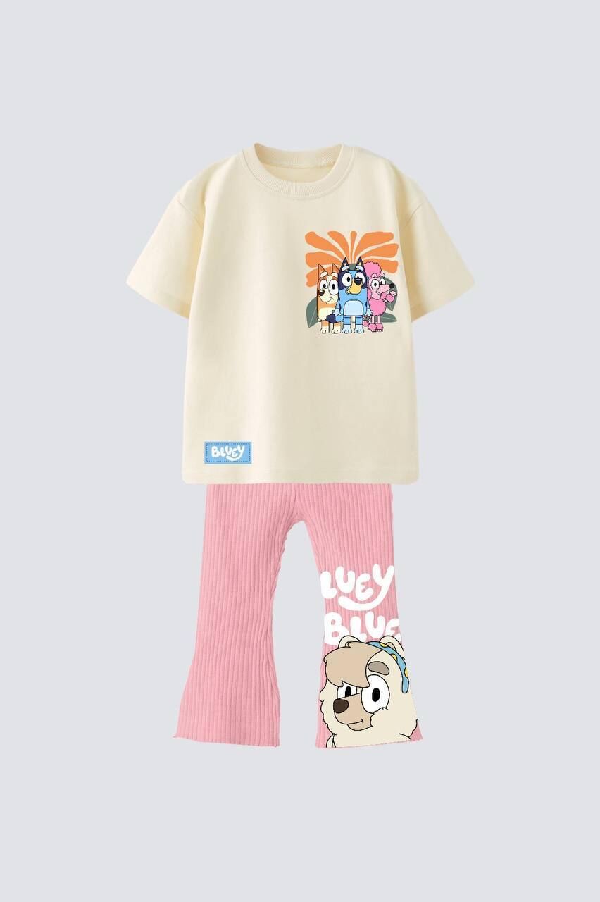Bluey Baskılı Kız Çocuk Tshirt ve İspanyol Paça Tayt Takım