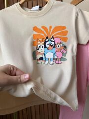 Bluey Baskılı Kız Çocuk Tshirt ve İspanyol Paça Tayt Takım