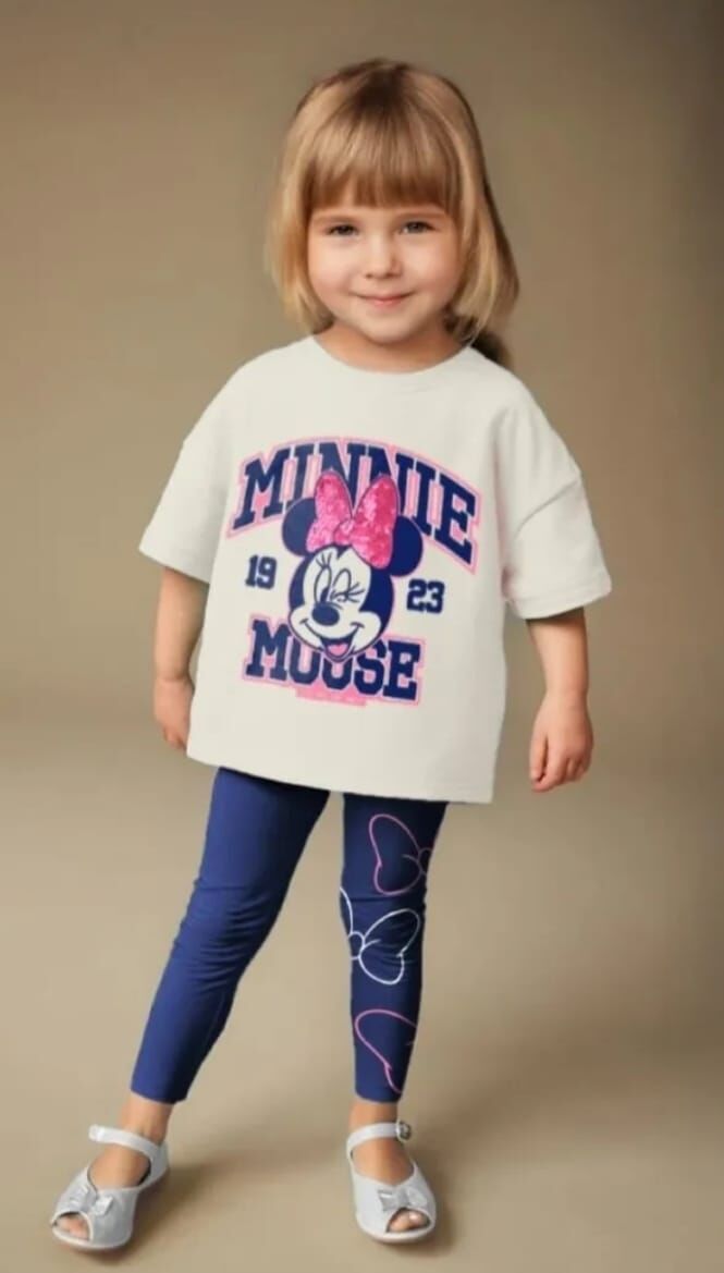 Kız Çocuk Minnie Mouse Detaylı Tshirt Ve Tayt Alt Üst Takım
