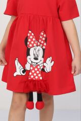 Disney Minnie Mouse Baskılı Etekten Sallanan Ayak Detaylı Kırmızı Elbise