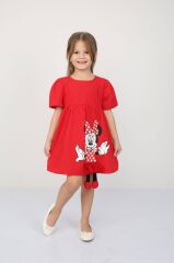 Disney Minnie Mouse Baskılı Etekten Sallanan Ayak Detaylı Kırmızı Elbise