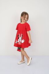 Disney Minnie Mouse Baskılı Etekten Sallanan Ayak Detaylı Kırmızı Elbise