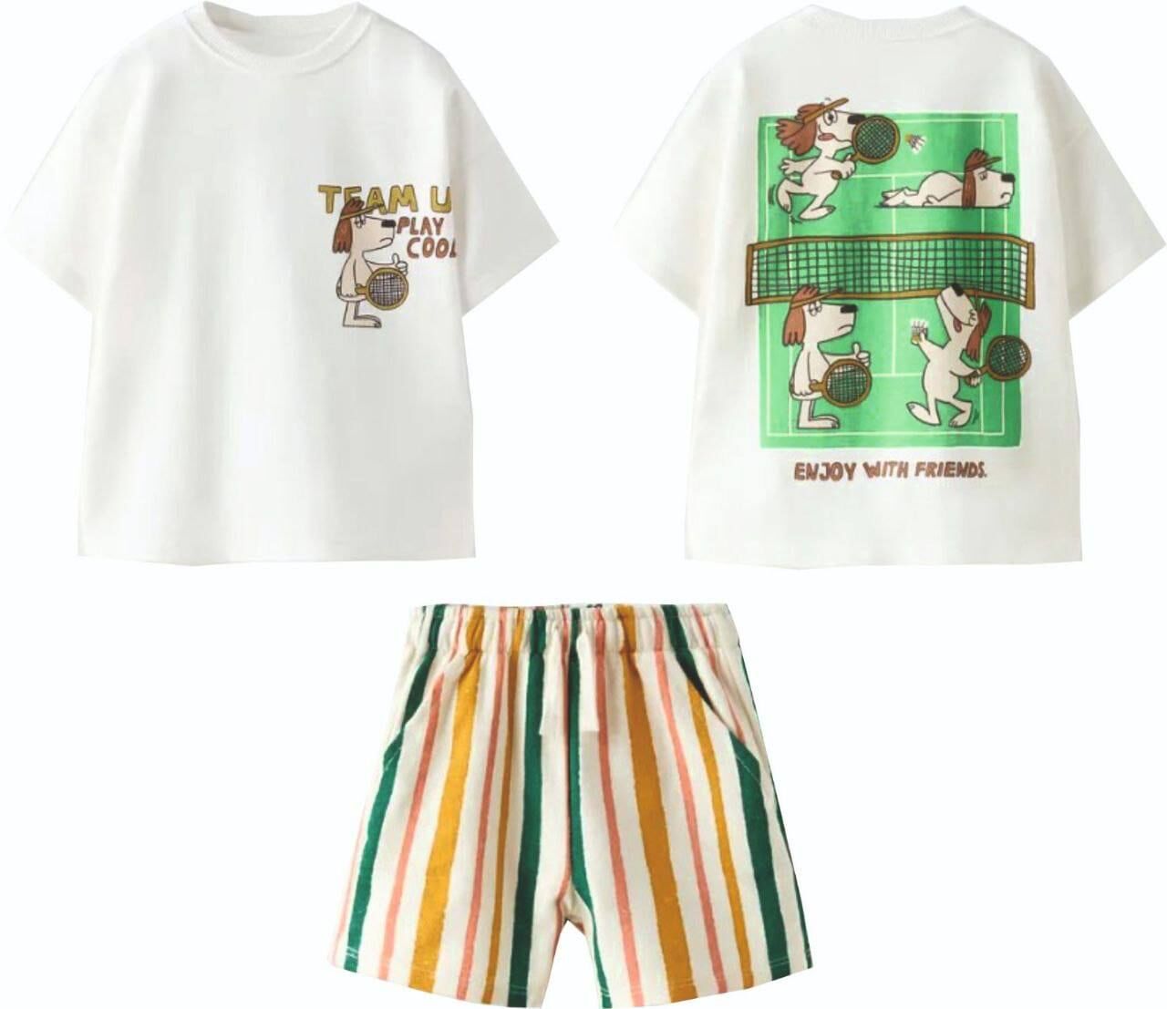 ''Team U Play Cool'' Tenis Oynayan Köpekçikler Baskılı T-Shirt ve Şort Erkek Çocuk Takım