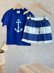 Çapa Figürlü Mavi T-Shirt ve Lacivert Beyaz Çizgili Şort Seti