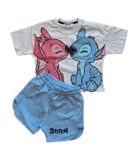 Kız Çocuk Stitch Karakteri Baskı Detaylı Crops T-Shirt Ve Şort Takım