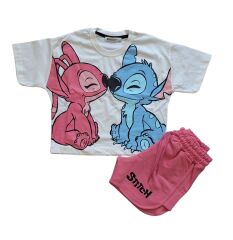 Kız Çocuk Stitch Karakteri Baskı Detaylı Crops T-Shirt Ve Şort Takım