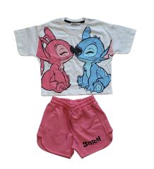 Kız Çocuk Stitch Karakteri Baskı Detaylı Crops T-Shirt Ve Şort Takım