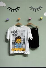 Erkek Çocuk Sırtta ve Gçğüste Garfield Baskılı T-Shirt ve Şort Alt Üst Takım