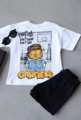 Erkek Çocuk Sırtta ve Gçğüste Garfield Baskılı T-Shirt ve Şort Alt Üst Takım