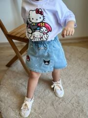 Kız Çocuk Hello Kitty ve Kurami Detaylı Denim Şort Etek Ve T-Shirt Alt Üst Takım