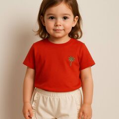 Kız Çocuk Palmiye Nakışlı T-Shirt ve Fırfır Detaylı Şort